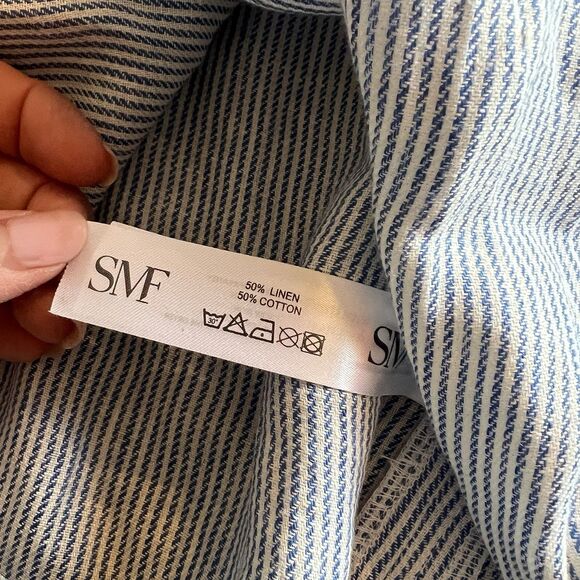 Blue Linen Shirt Dress Midi Tie Waist white striped casual nautical UK 16 NWT - Picture 10 of 12